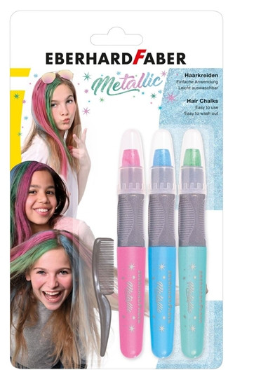 Tizas para el pelo Faber metalizados. Set de 3.Rosa, azul, verde